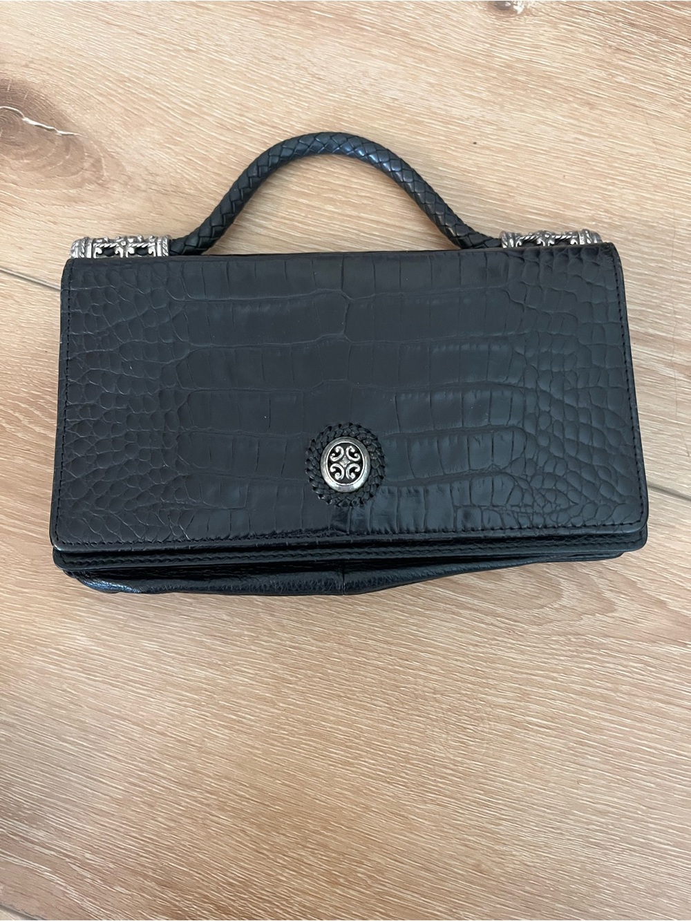 Brighton Black Croc-Embossed Wristlet Clutch with Silver Accent